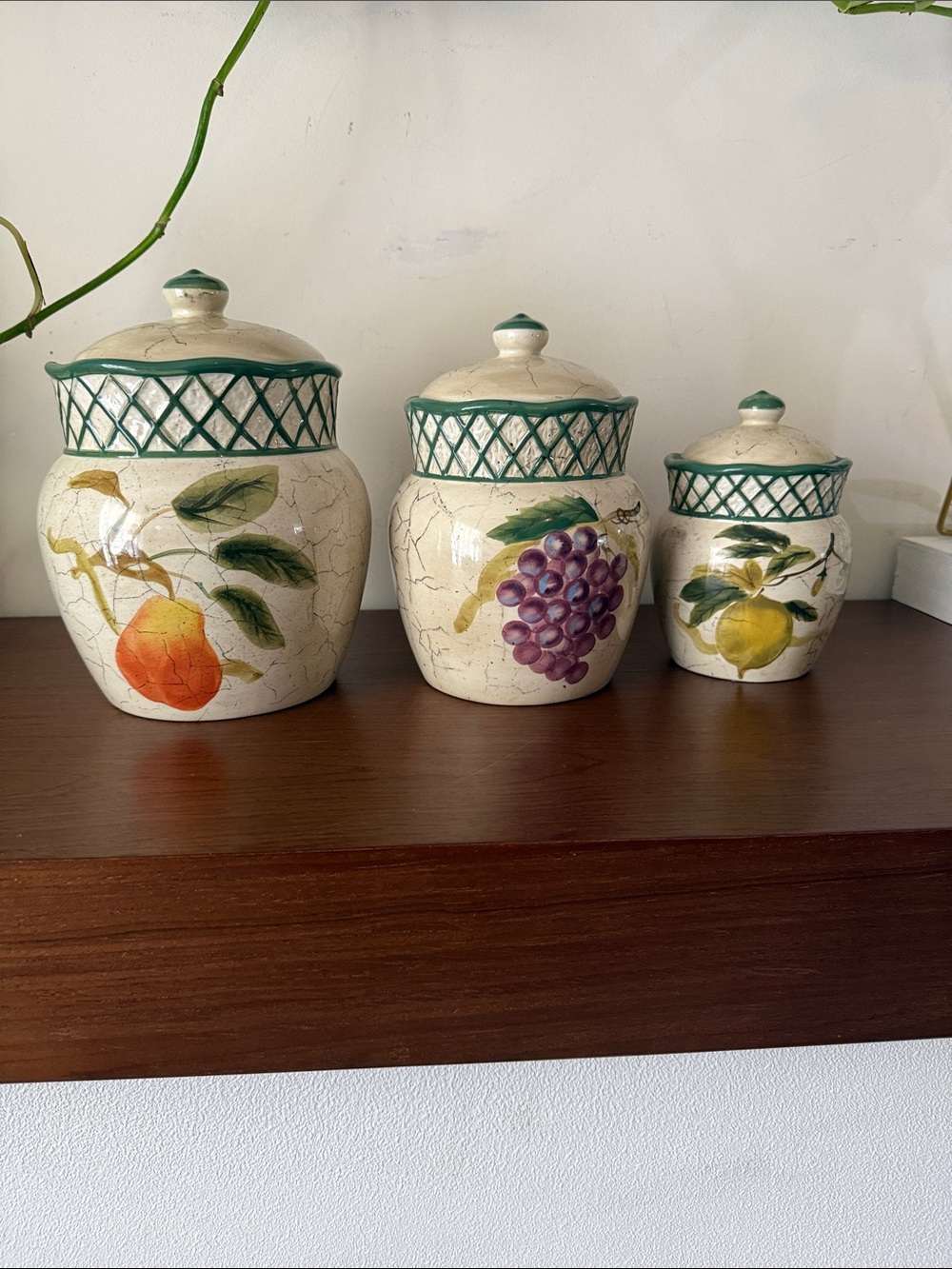 Vintage Raymond Waites Cornucopia Fruit Lattice ceramic canisters.